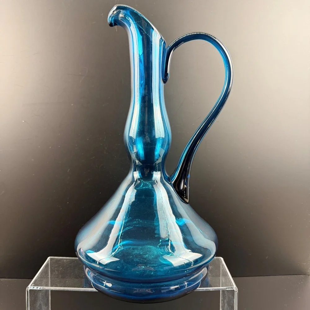 Vintage Blue Art Glass Pitcher Hand Blown 13